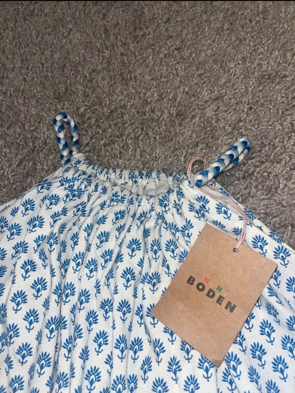 Mini Boden White and Blue Elephant Border Sundress